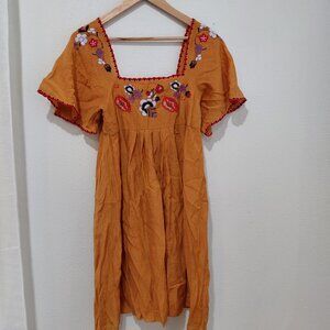 Madewell Mustard Orange Floral Embroidered Dress Small Boho Western Festival